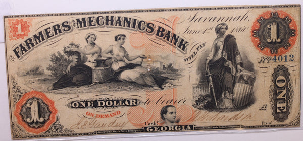 1860 $1, Farmers Mechanics Bank, GA., Obsolete Currency., Store #GA005.