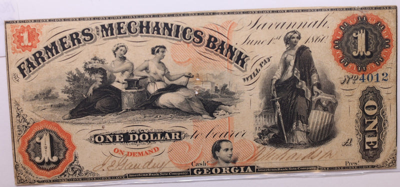 1860 $1, Farmers Mechanics Bank, GA., Obsolete Currency., Store