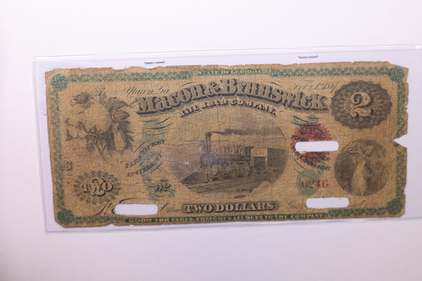 1800's $2, MACON & BRUNSWICK Rail Road., Obsolete Currency., Store #GA006.