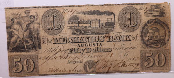 1853 $50, Mechanics Bank, Augusta, GA., Obsolete Currency., Store #GA009.