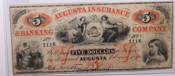 1860 $5, AUGUSTA INSURANCE, GA., Obsolete Currency., Store #GA014.