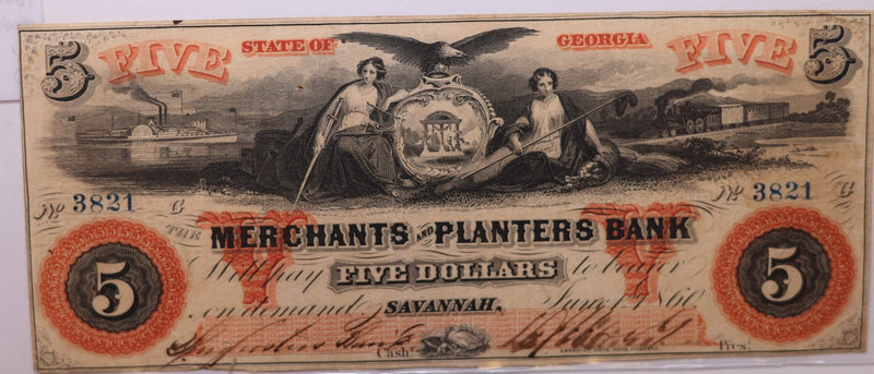 1860 $5., MERCHANTS and PLANTERS BANK, GA., Obsolete Currency., Store