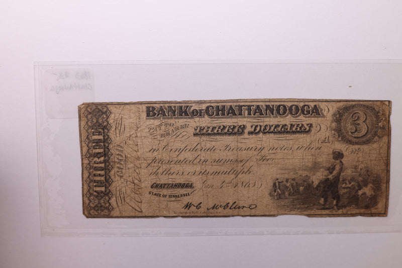 1863 $3., BANK OF CHATTANOOGA, TN., Obsolete Currency., Store