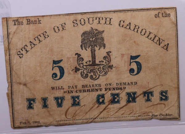 1863 5 Cents., Bank of South Carolina., Obsolete Currency., Store #SC004.