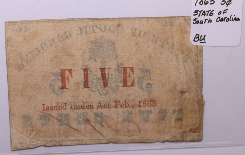 1863 5 Cents., Bank of South Carolina., Obsolete Currency., Store