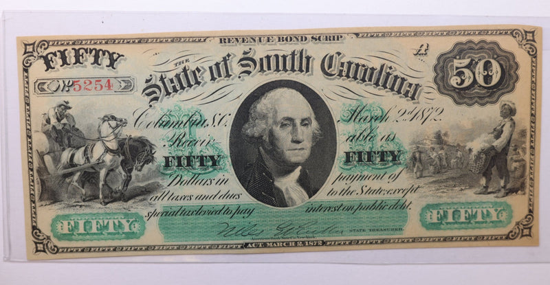 1872 $50., Revenue Bond Script., South Carolina., Obsolete Currency., Store