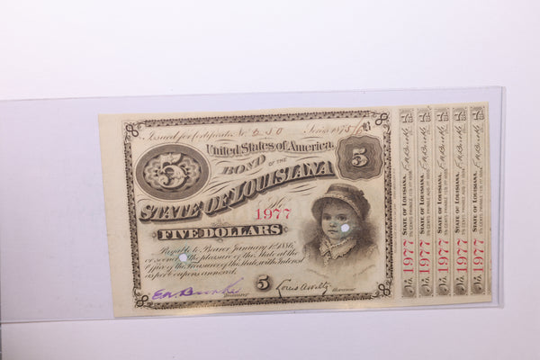 1875/6 $5., Bond of State of Louisiana., Obsolete Currency., Store #LA003.