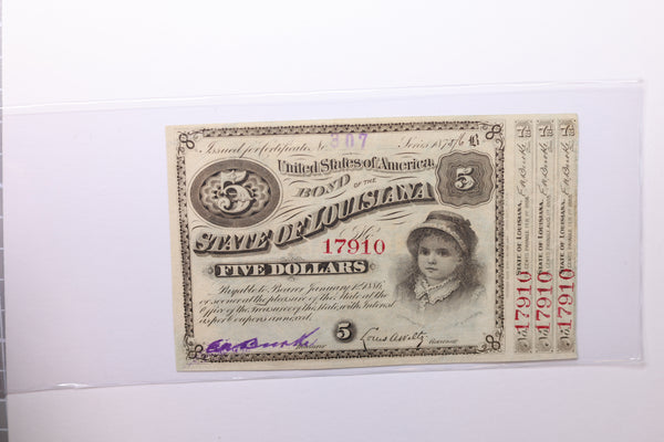 1875/6 $5., Bond of State of Louisiana., Obsolete Currency., Store #LA004.