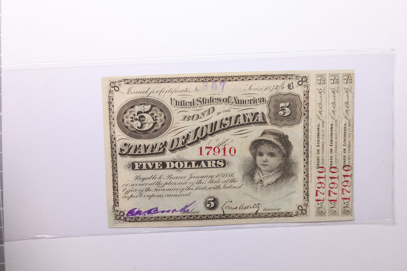 1875/6 $5., Bond of State of Louisiana., Obsolete Currency., Store