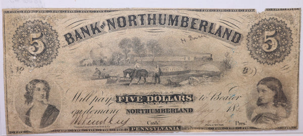 1856 $5, Bank of NORTHUMBERLAND. PA., Obsolete Currency., Store #PA002.