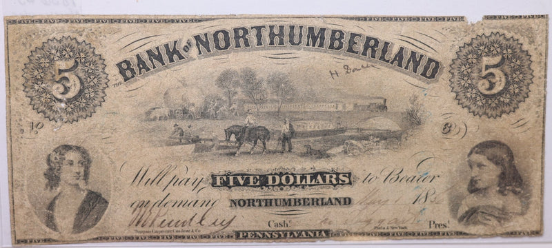 1856 $5, Bank of NORTHUMBERLAND. PA., Obsolete Currency., Store