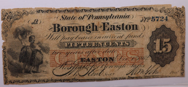 1862 15 Cents., BOROUGH of EASTON., PA., Obsolete Currency., Store #PA003.