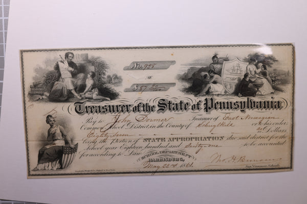 1861 $87.20, Treasurer, State of Pennsylvania., Obsolete Currency., Store #PA004.