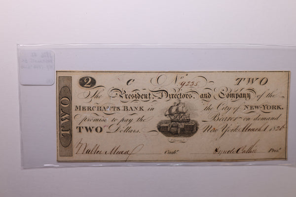 1826 $2, MERCHANTS BANK, New York, N.Y., Obsolete Currency., Store #NY002