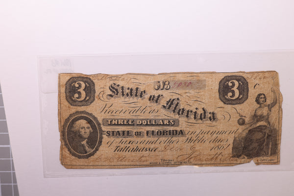 1861 $3., State of Florida, TALLAHASSSEE., Obsolete Currency., Store #FL002.