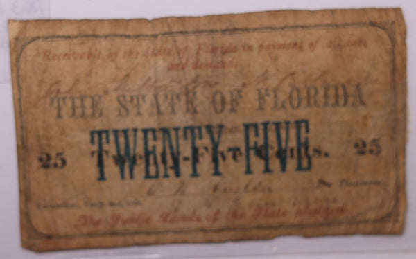 1863 25 Cent., State of Florida., Obsolete Currency., Store #FL004.