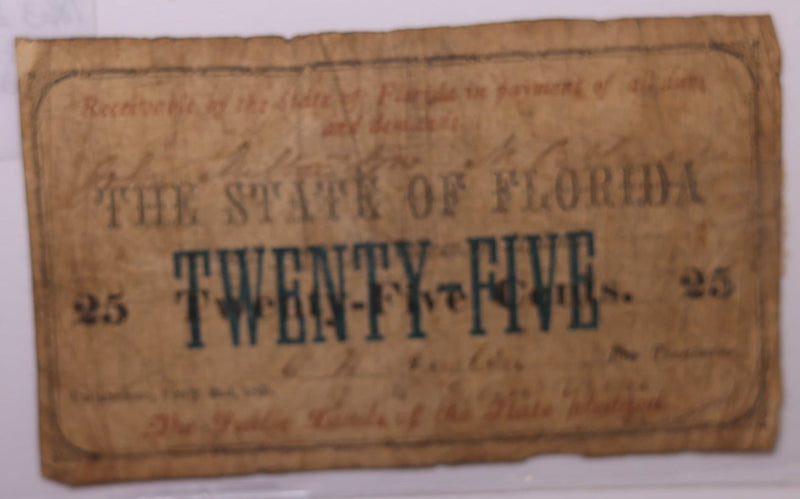 1863 25 Cent., State of Florida., Obsolete Currency., Store