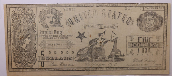 1878 $5., Perpetual Money, Washington D.C., Obsolete Currency., Store #DC002