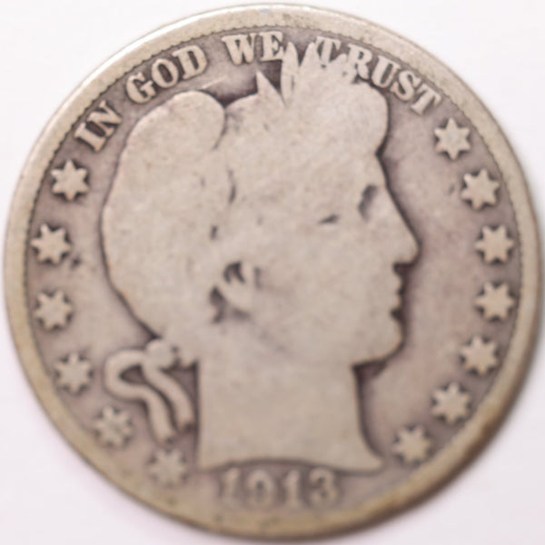 1913-D Barber Half Dollar, Good+ Circulated Coin, Store #H913D03