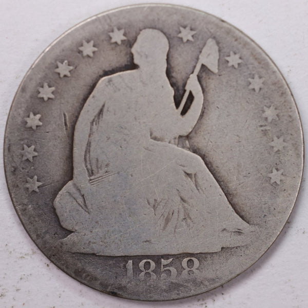 1858-O Liberty Seated Half Dollar, Good Circulated Coin, Store #H858O01