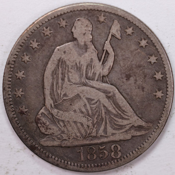 1858 Liberty Seated Half Dollar, Fine Circulated Coin, Store #H858.01