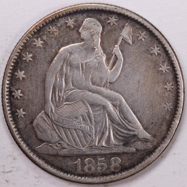 1858-O Liberty Seated Half Dollar, Extra Fine Circulated Coin, Store #H858O02