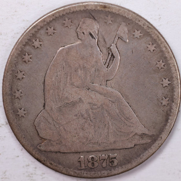 1875 Liberty Seated Half Dollar, Very Good Circulated Coin, Store #H875.01