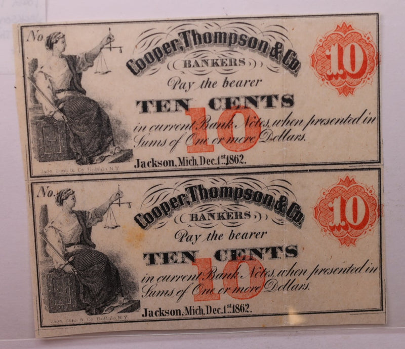 1862 10 Cent, Private Script, Jackson, MI., Obsolete.,