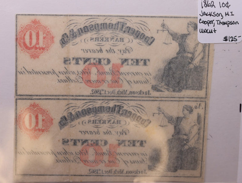 1862 10 Cent, Private Script, Jackson, MI., Obsolete.,