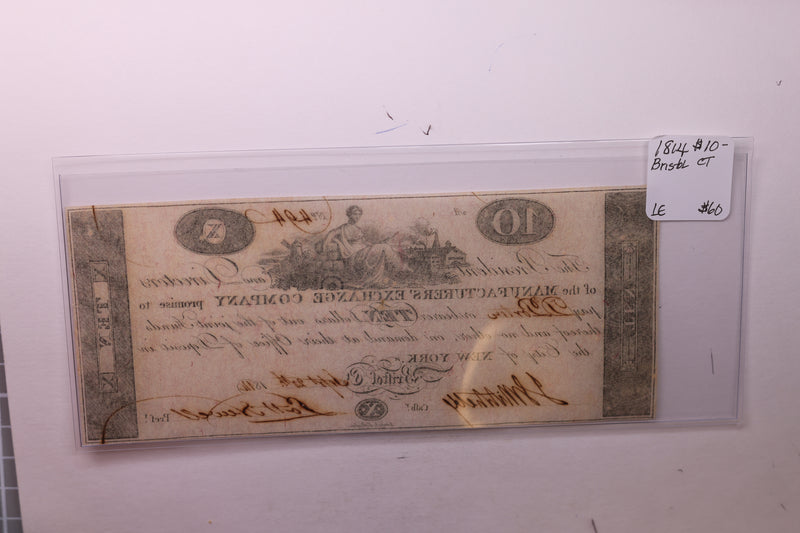 1814 $10, Manufacturers' Bank, Bristol, CT., Obsolete Currency.,