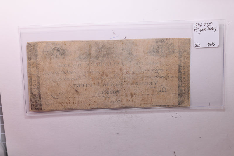 1814 $5, Vermont Glass Company., Obsolete Currency.,