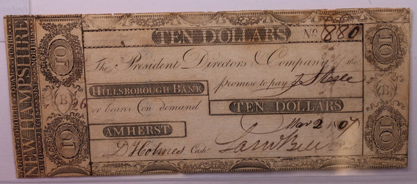 1807 $10, Hillsborough Bank, N.H., Obsolete Currency., #18360