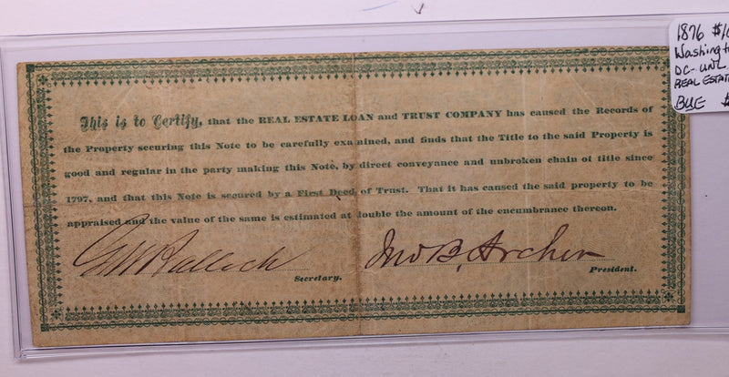 1876 $100, Real Estate Note, Wash D.C., Obsolete Currency.,