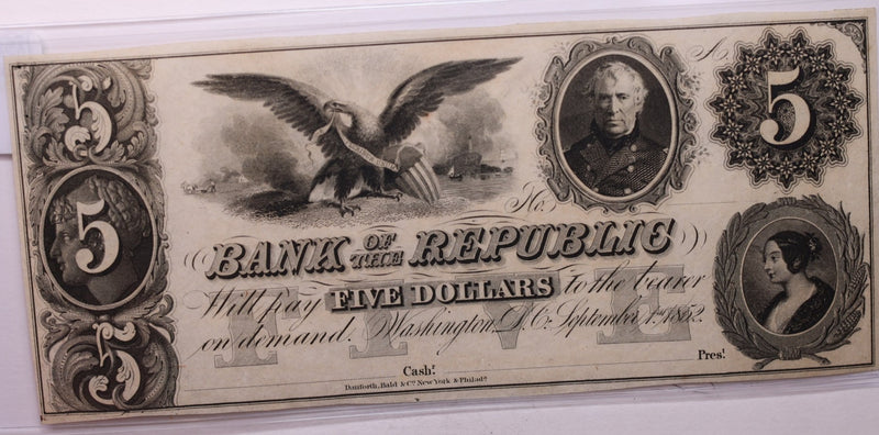 1852 $5, Bank of the Republic, Wash D.C., Obsolete Currency.,