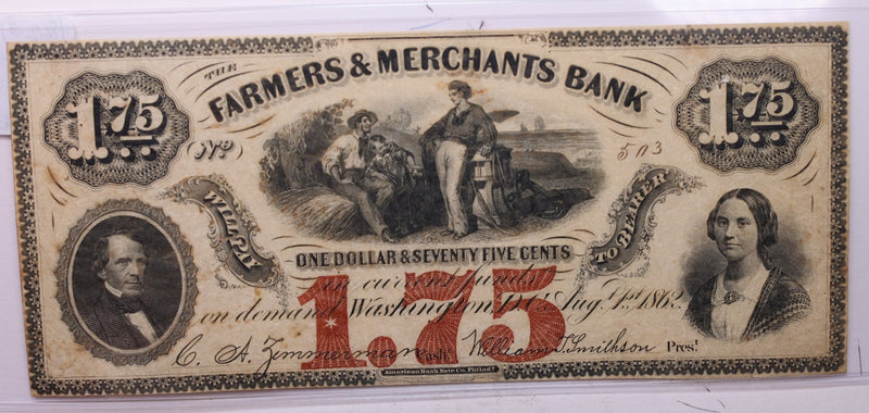 1862 $1.75, Farmers Merchants Bank, Wash D.C., Obsolete Currency.,