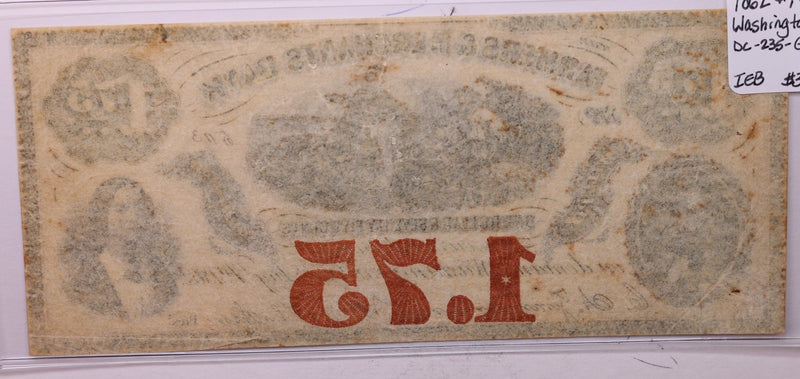 1862 $1.75, Farmers Merchants Bank, Wash D.C., Obsolete Currency.,