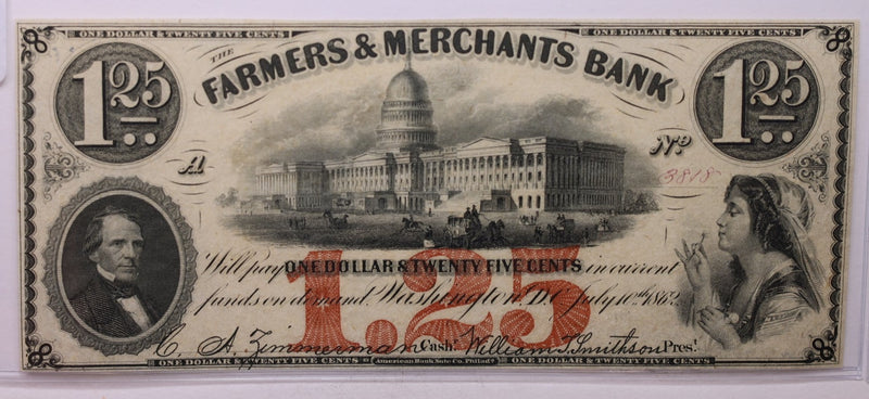 1862 $1.25, Farmers Merchants Bank, Wash D.C., Obsolete Currency.,