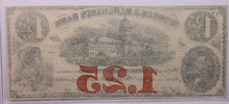 1862 $1.25, Farmers Merchants Bank, Wash D.C., Obsolete Currency.,