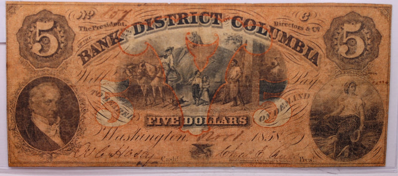 1858 $5, Bank of District Columbia, Wash D.C., Obsolete.,