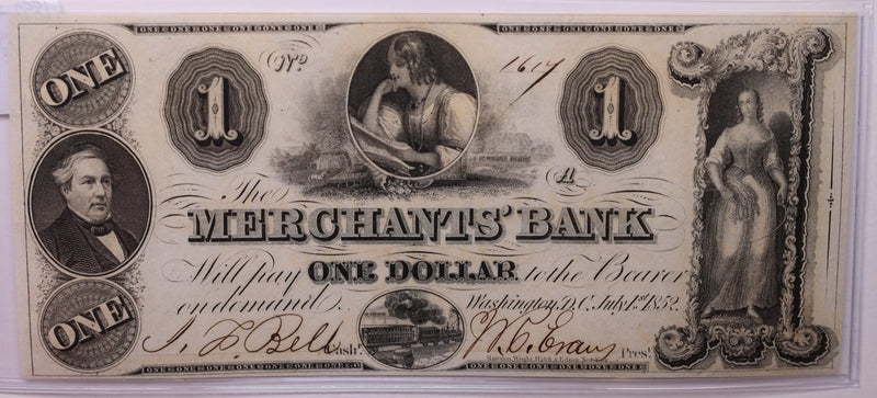 1852 $1, MERCANTILE BANK., Wash D.C., Obsolete.,