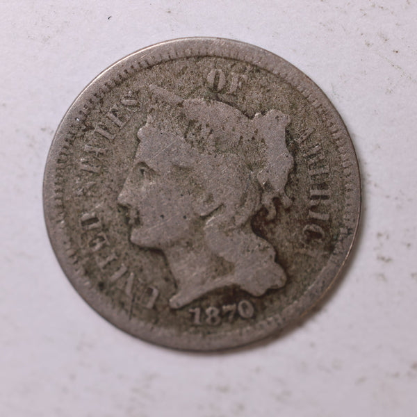 1870 3 Cent Nickel., Very Good Circulated Coin., Store #2218