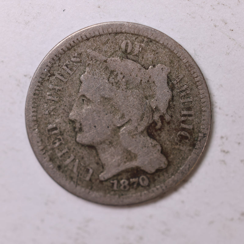 1870 3 Cent Nickel., Very Good Circulated Coin., Store