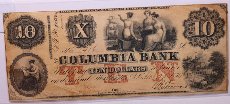 1852 $10, COLUMBIA BANK., WASH D.C., Obsolete., STORE