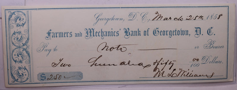 1858 $2.50, Bank Check, Farms/Mechanics Bank., Georgetown, D.C., STORE