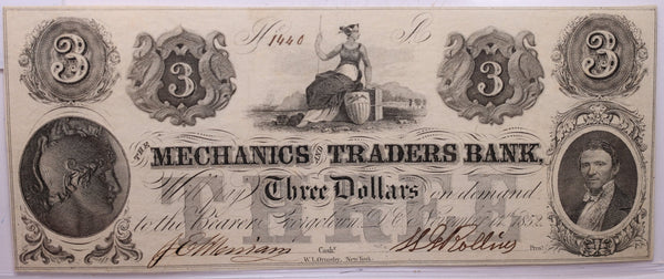 1851 $3, MECHANICS TRADERS BANK, Georgetown, D.C., STORE #18516