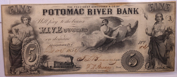 1854 $5, POTOMAC RIVER Bank, Georgetown, D.C., STORE #18520