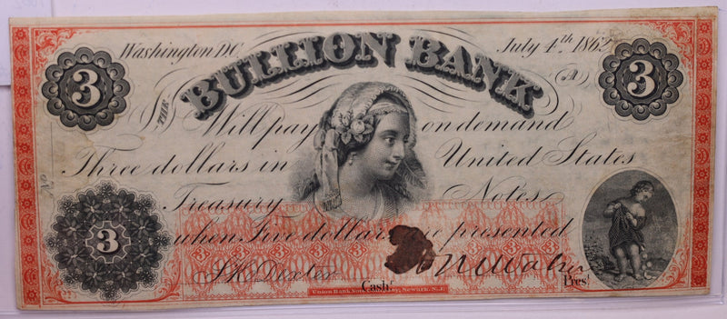 1862 $3, The BULLION BANK., WASHINGTON D.C., STORE