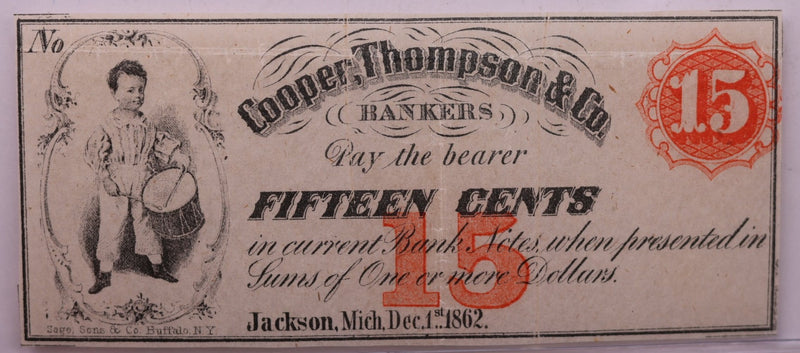 1862 15 Cents, COOPER, THOMPSON & CO., MI., STORE