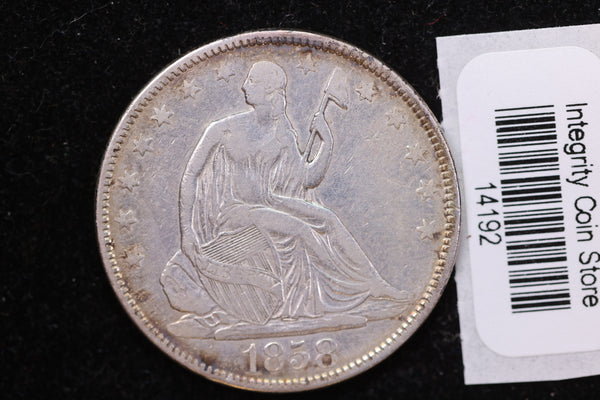 1858 Seated Liberty Half Dollar, Affordable Collectible Circulated Coin, Store #14192