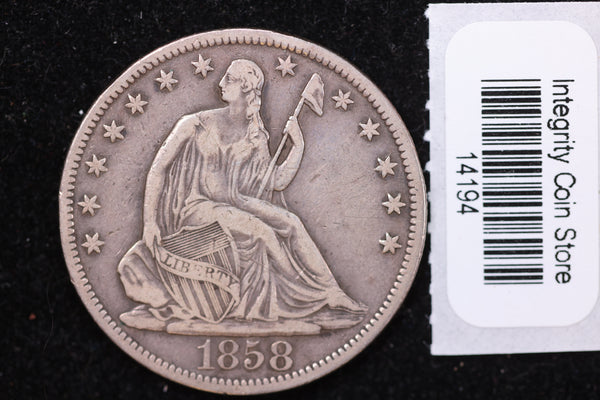 1858-S Seated Liberty Half Dollar, Affordable Collectible Circulated Coin, Store #14194